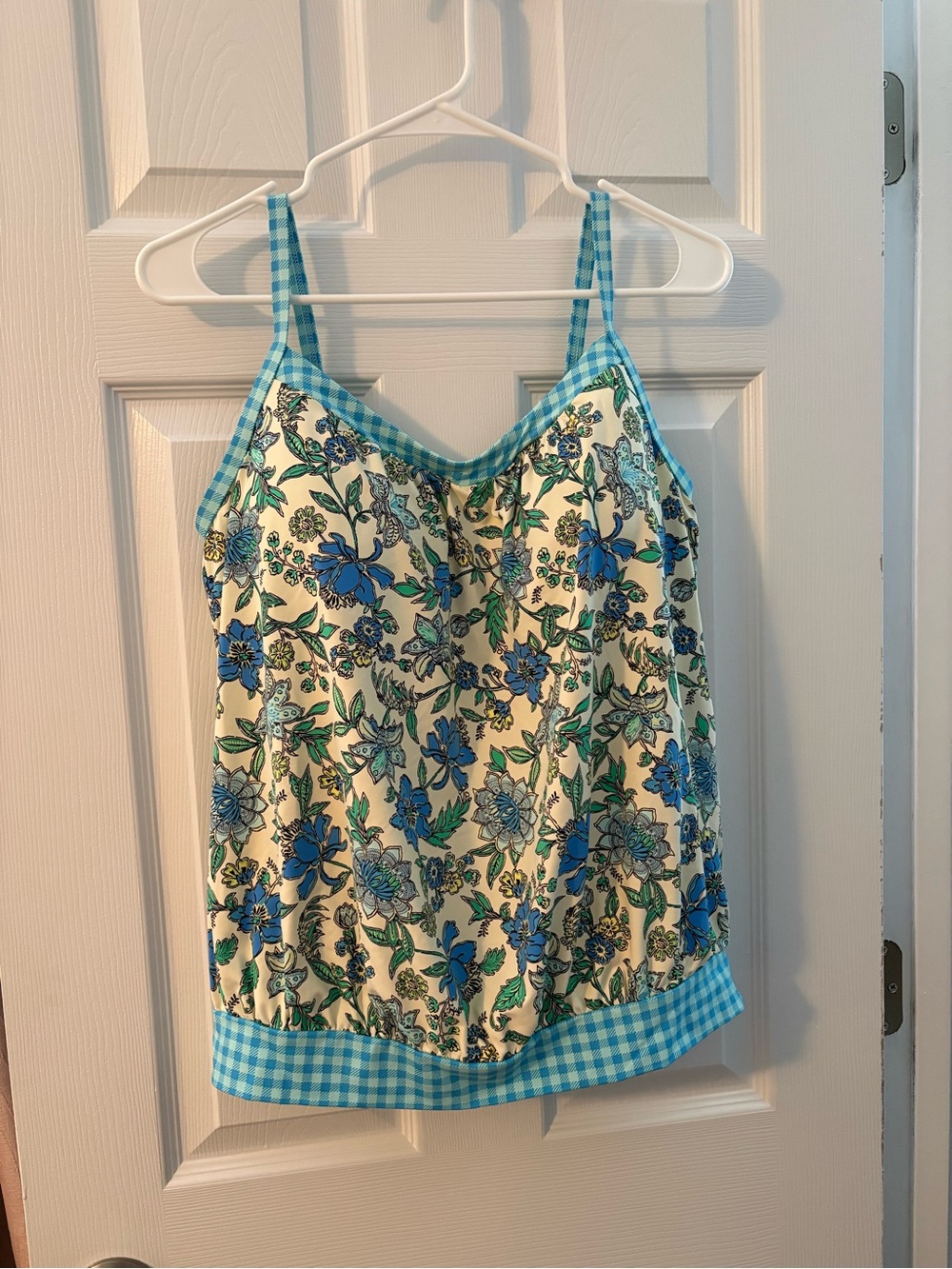 Lands' End Cream Floral Swim Tankini with Blue Gingham Trim